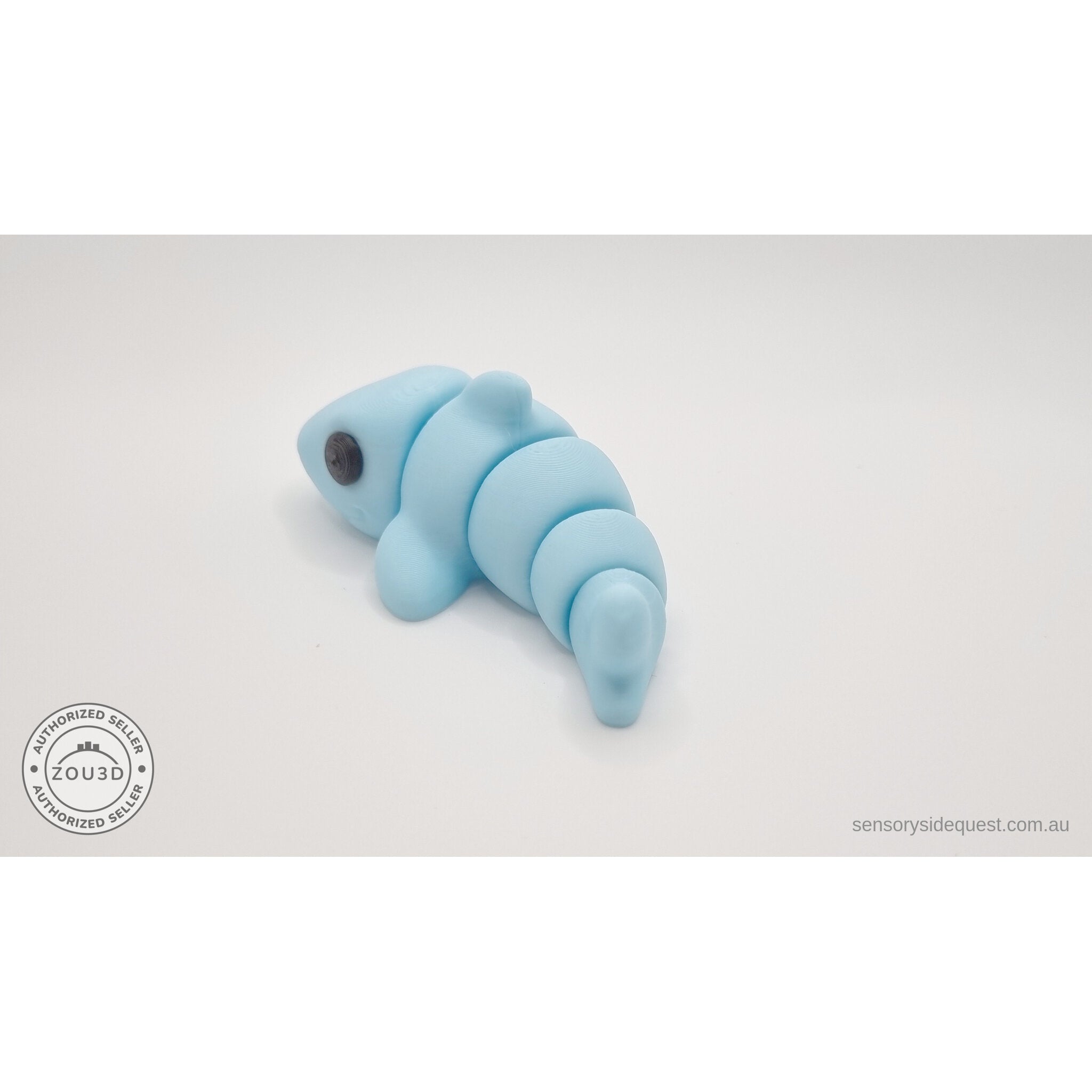024-SHK Baby Shark in ice blue matte, twisted/flexed pose showing segment articulation — 3D printed fidget toy by Sensory Sidequest
