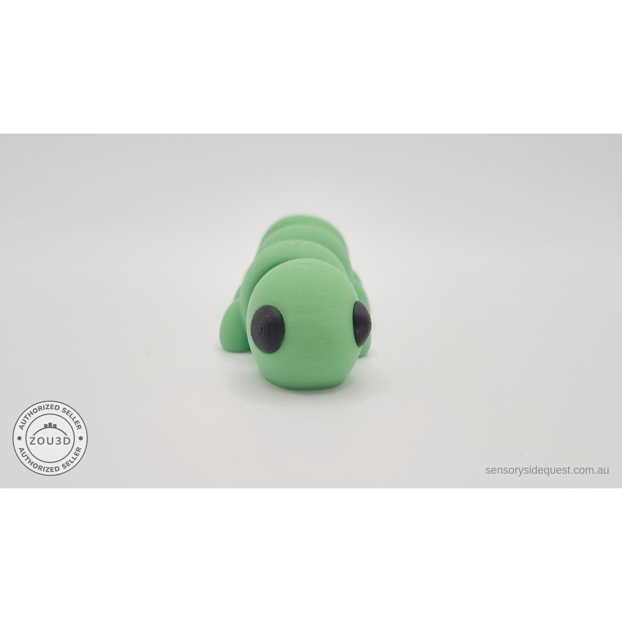 Green Baby Caterpillar 3D printed articulated fidget toy — 3/4 front view showing face and full body — Sensory Sidequest Australia