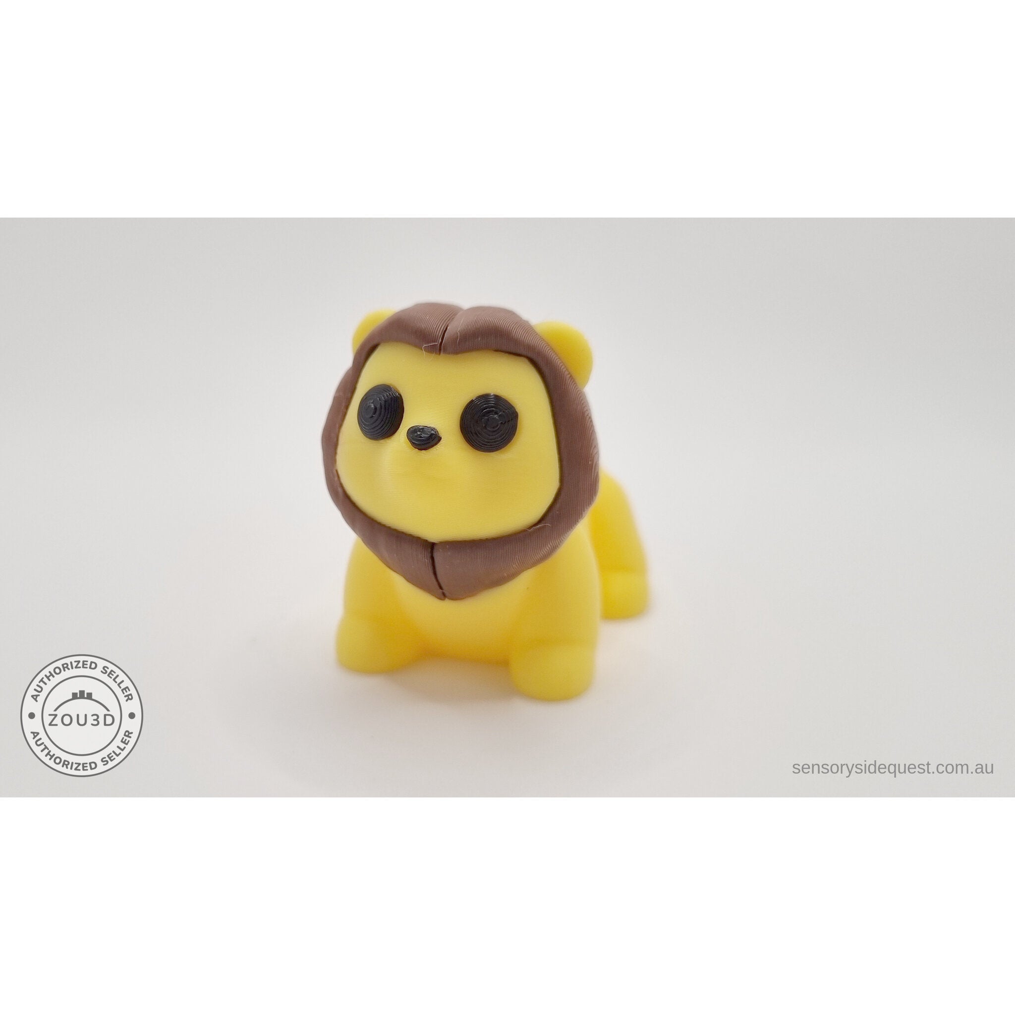 Yellow and brown Baby Lion 3D printed articulated fidget toy — 3/4 front view showing mane, face and full body — Sensory Sidequest Australia