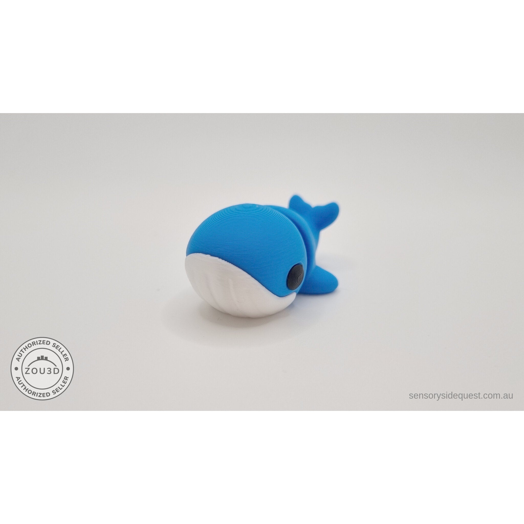 Baby Blue Whale 3D printed articulated fidget toy — 3/4 left side view showing full body with white belly and articulation joints, own photo by Sensory Sidequest