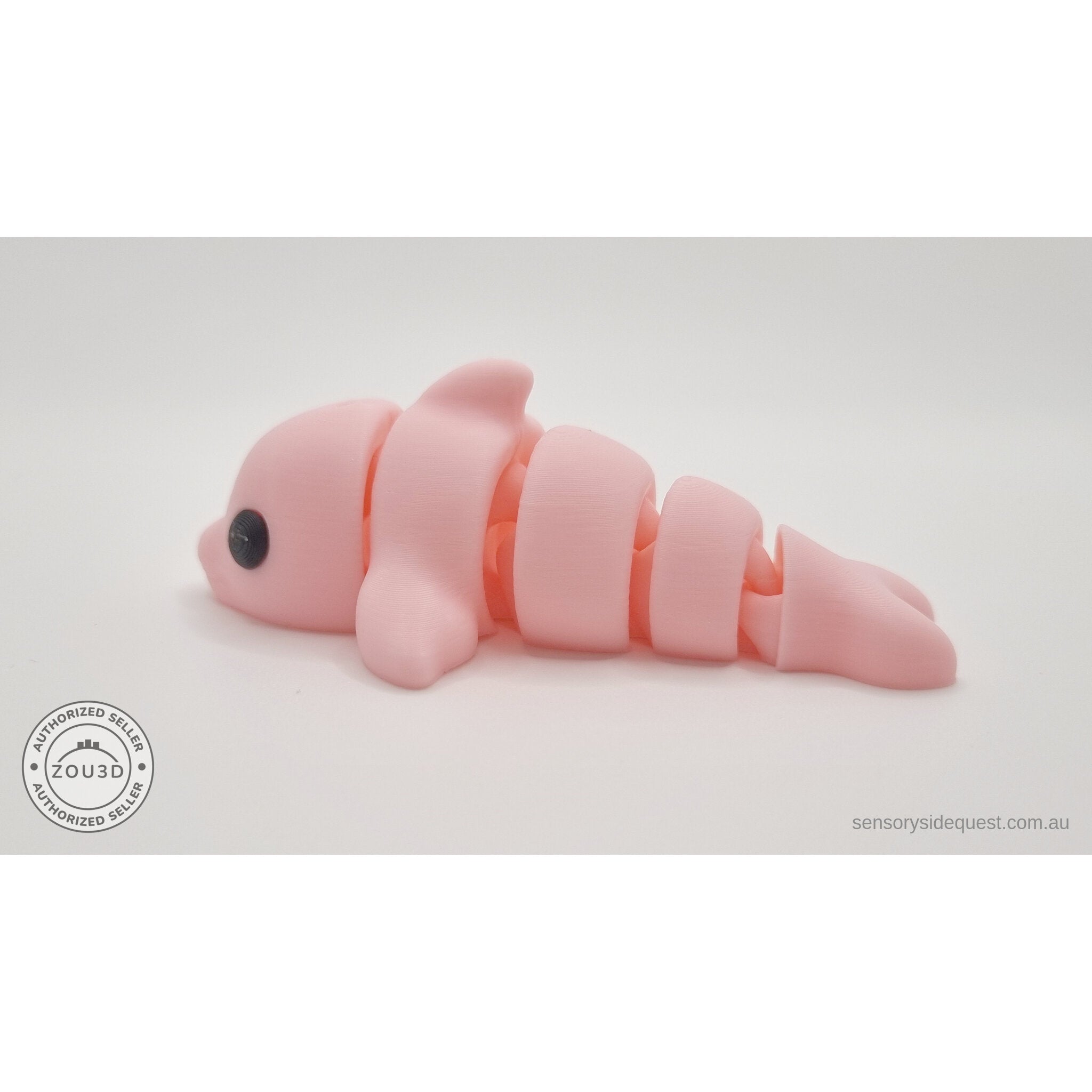 Pink Baby Dolphin 3D printed articulated fidget toy — opposite side view showing segment detail — Sensory Sidequest Australia
