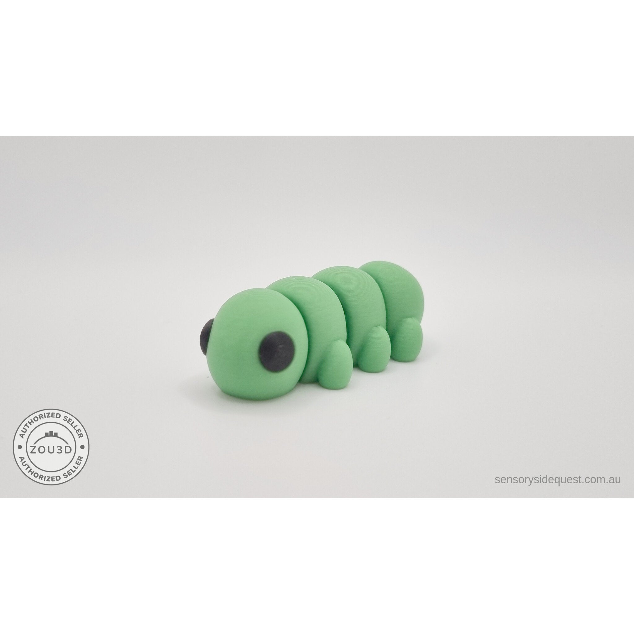 Green Baby Caterpillar 3D printed articulated fidget toy — side profile showing rounded body segments — Sensory Sidequest Australia