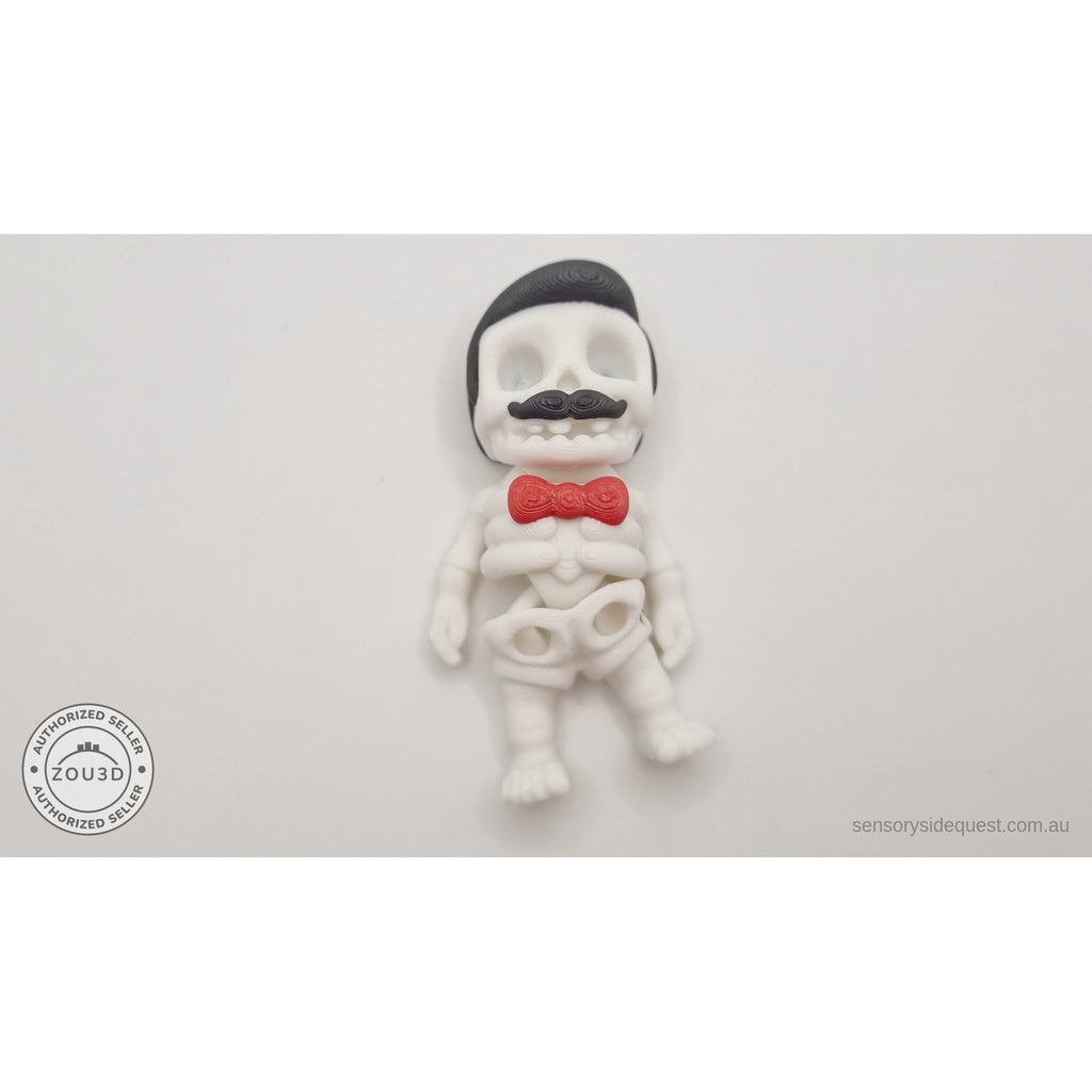 Mr.Skeleton Freddie Mercury variant flat lay showing fully articulated joints and poseable limbs — 3D printed articulated fidget toy by Sensory Sidequest