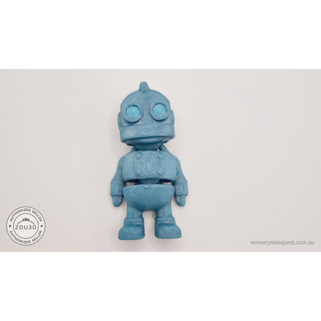 3D printed Tiny Robot articulated fidget toy in teal — flat front view showing full figure with circular eyes and segmented torso — Sensory Sidequest