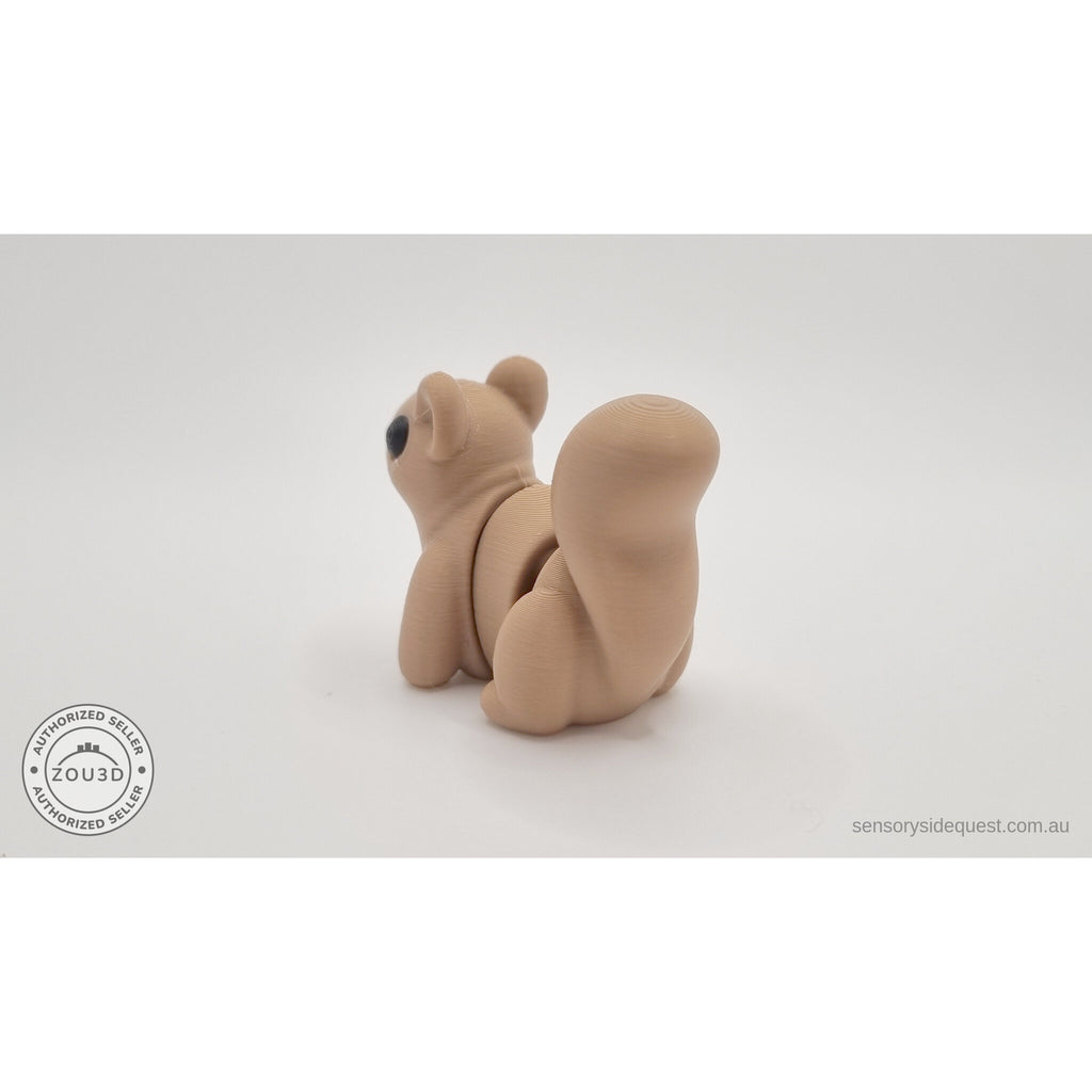 Baby Squirrel Zou3D 3D printed articulated fidget toy — 3/4 rear-right view showing body and tail from behind — Sensory Sidequest Australia