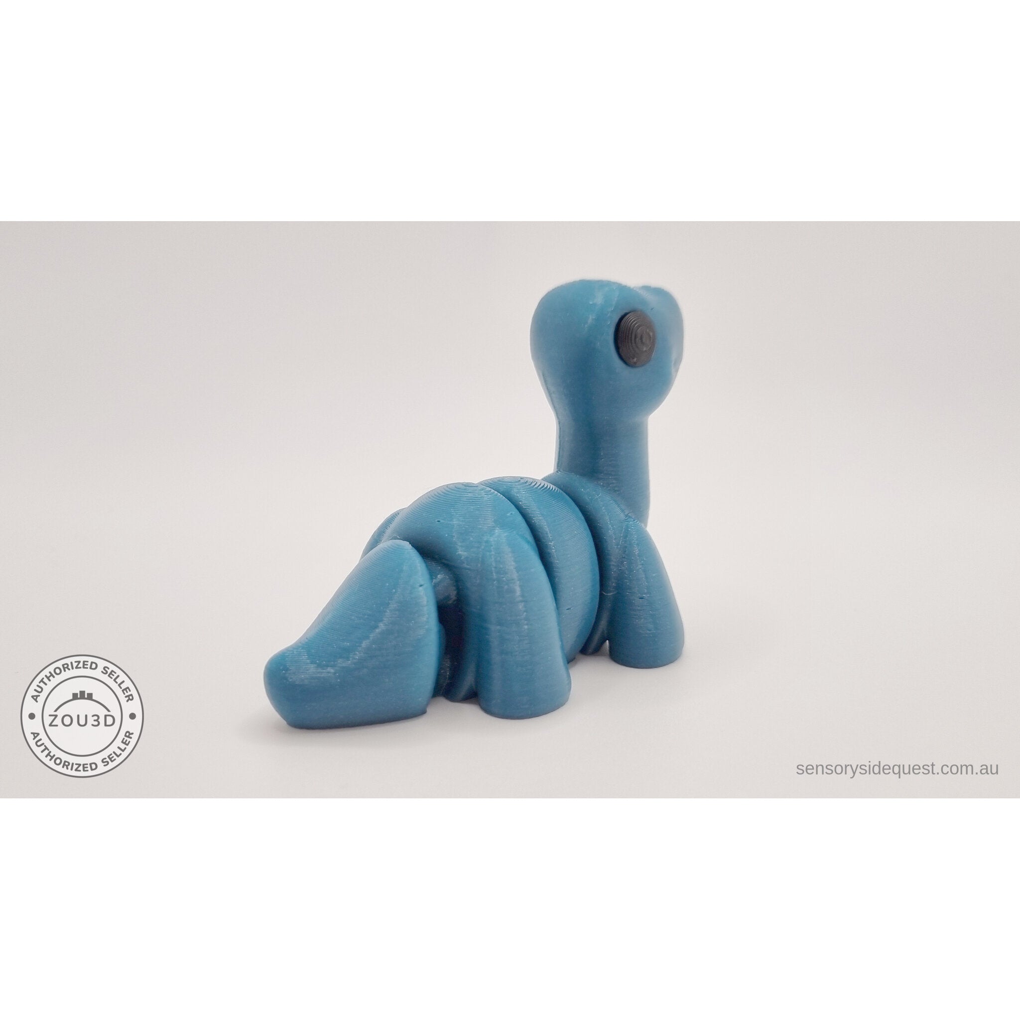 Blue Baby Brontosaurus 3D printed articulated fidget toy — rear 3/4 left angle showing body segments — Sensory Sidequest Australia