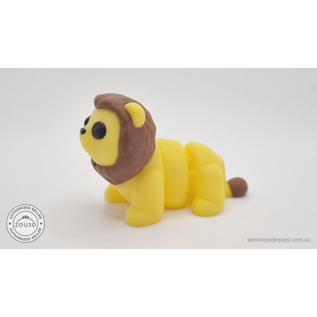 Yellow and brown Baby Lion 3D printed articulated fidget toy — 3/4 front angle showing mane detail and body segments — Sensory Sidequest Australia