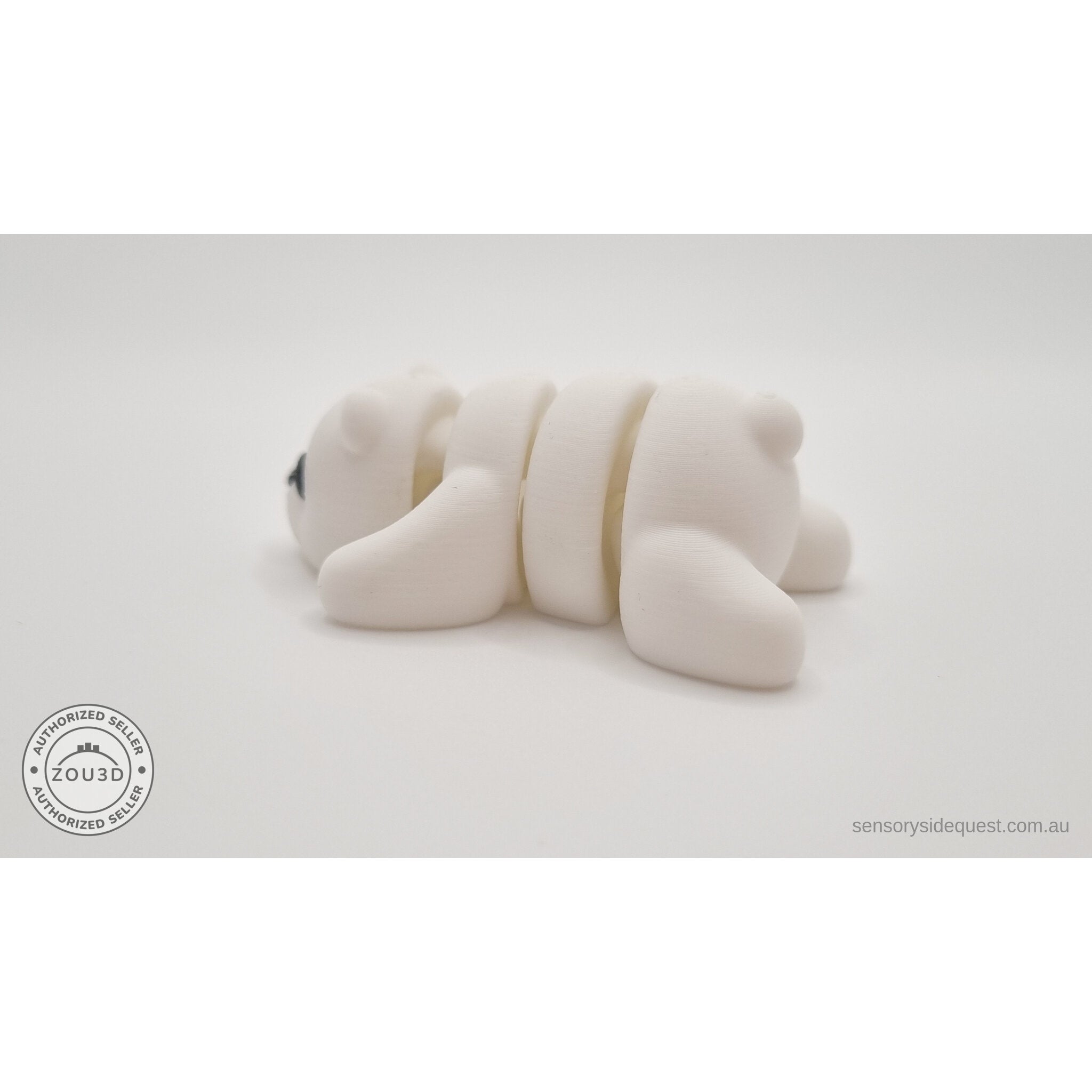 White Baby Bear 3D printed articulated fidget toy — rear 3/4 view showing body segments — Sensory Sidequest Australia