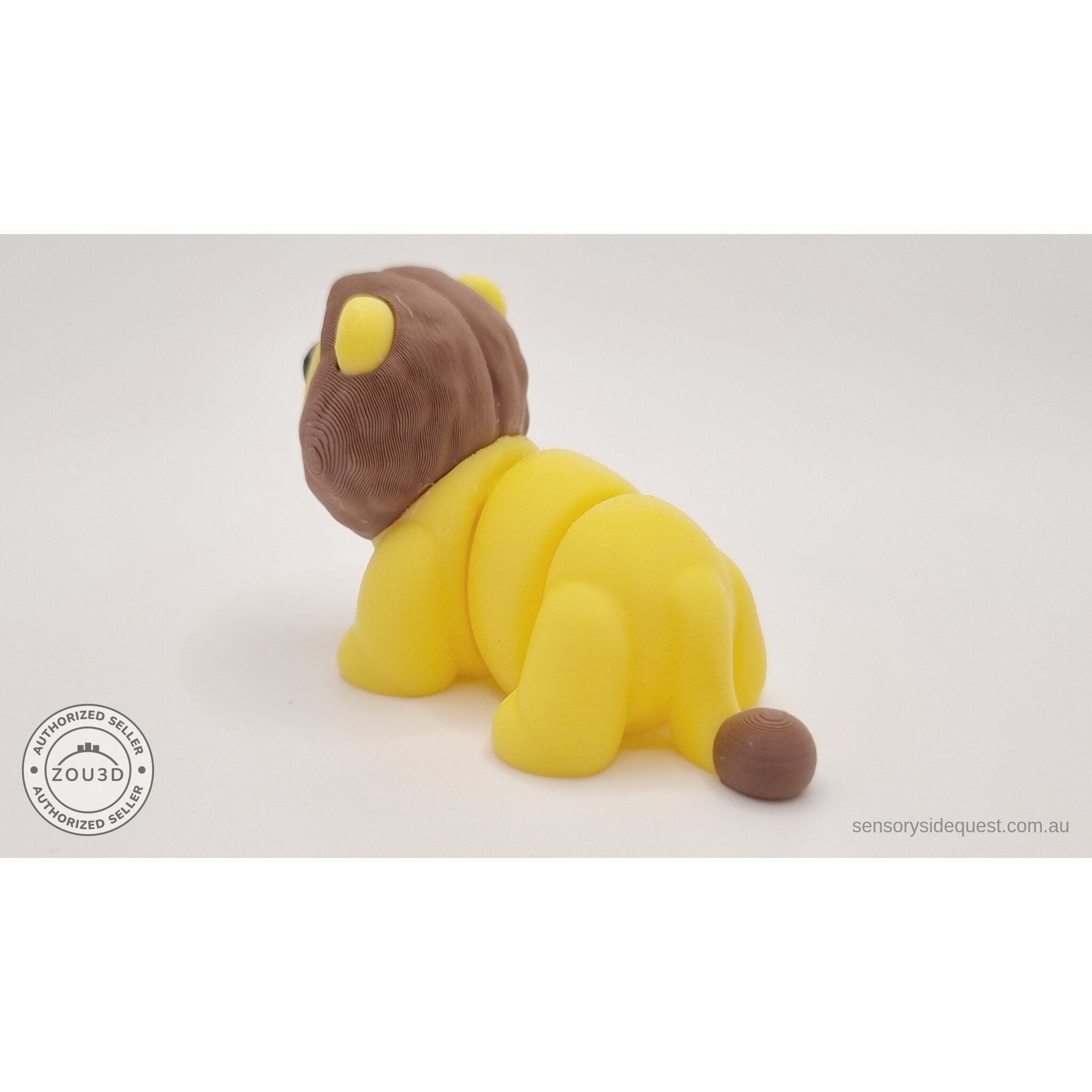 Yellow and brown Baby Lion 3D printed articulated fidget toy — straight front face view showing mane and eyes — Sensory Sidequest Australia