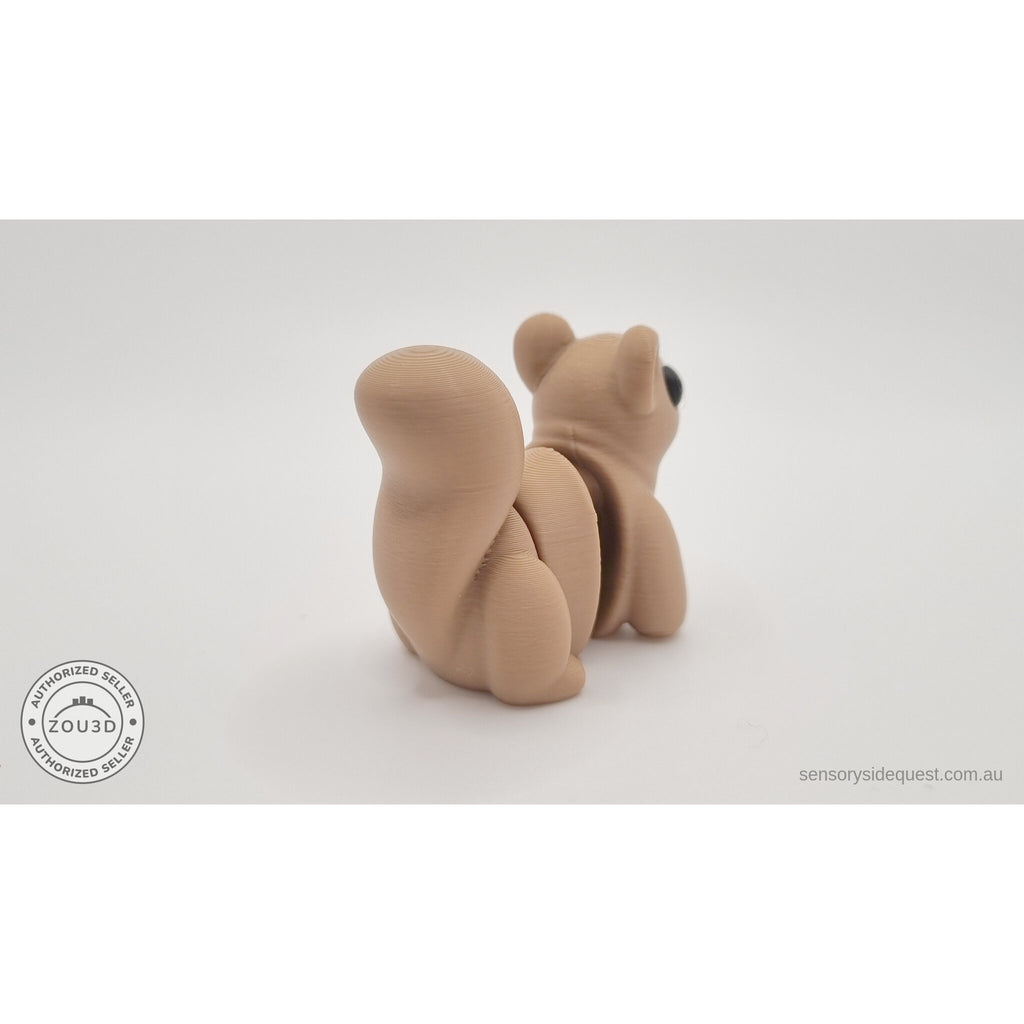 Baby Squirrel Zou3D 3D printed articulated fidget toy — rear view showing back, rump, and tail sweeping overhead — Sensory Sidequest Australia