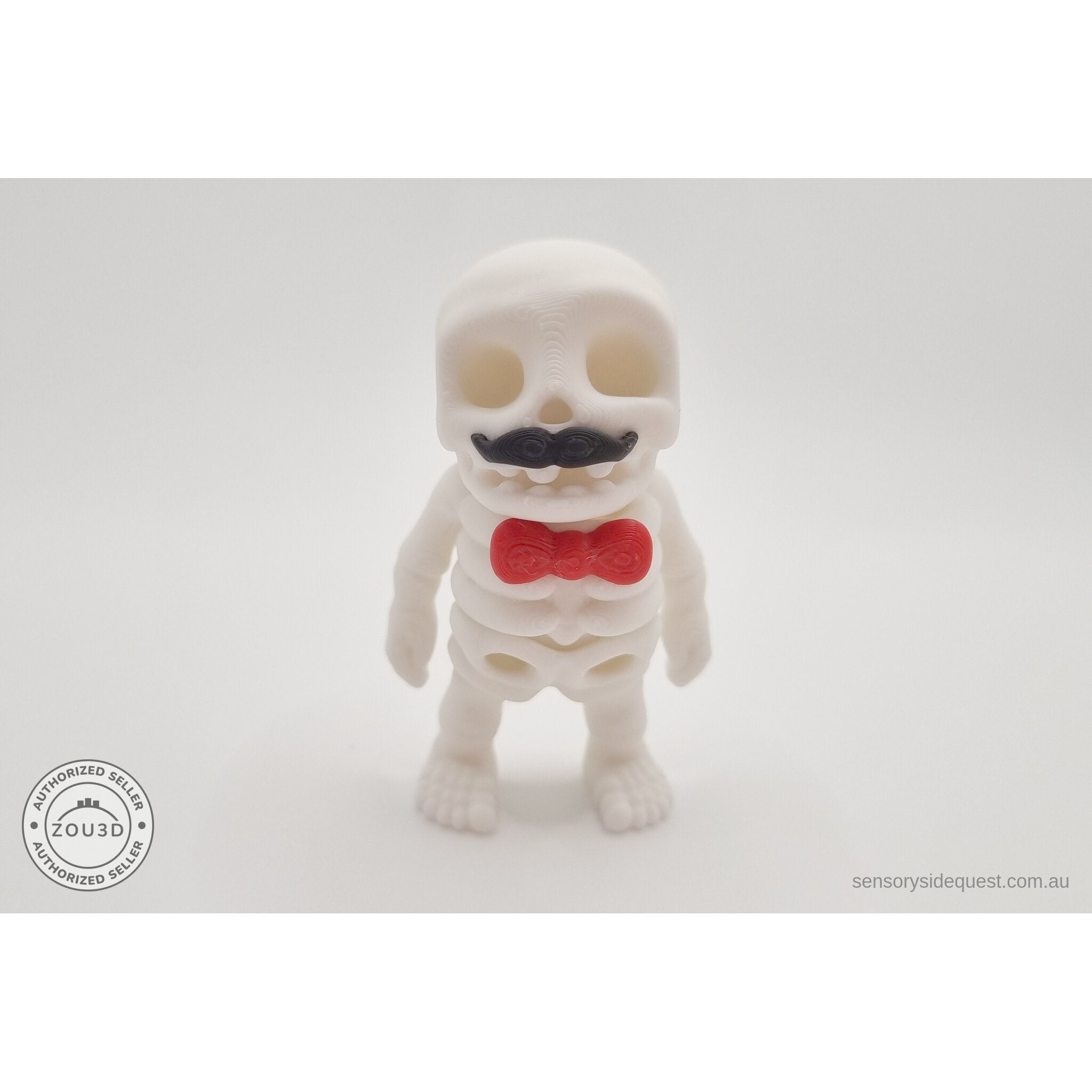 Mr.Skeleton Moustache variant straight front view showing dapper moustache and red bow tie — 3D printed articulated fidget toy by Sensory Sidequest
