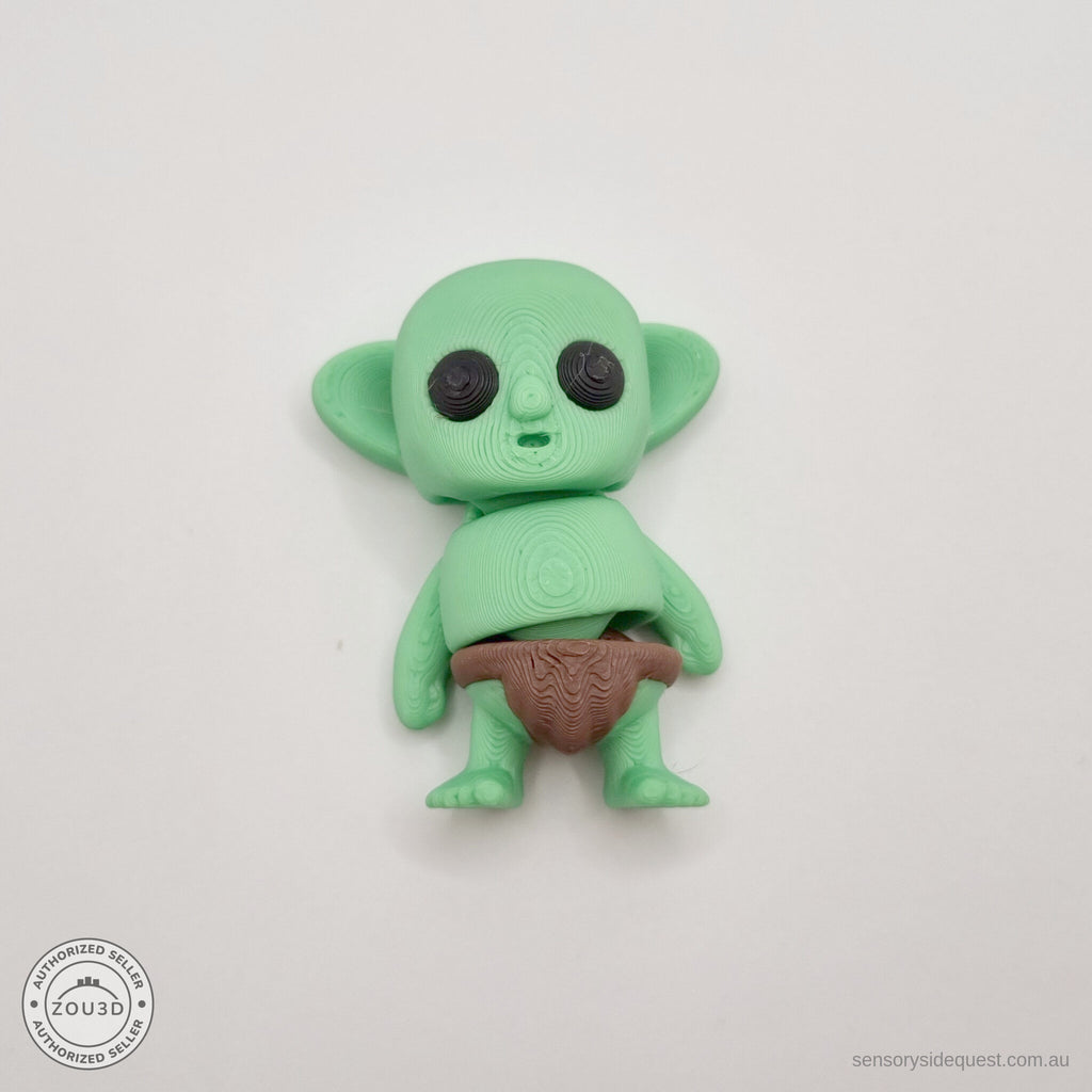 Green Tiny Goblin 3D printed articulated toy — front-facing overhead own photo