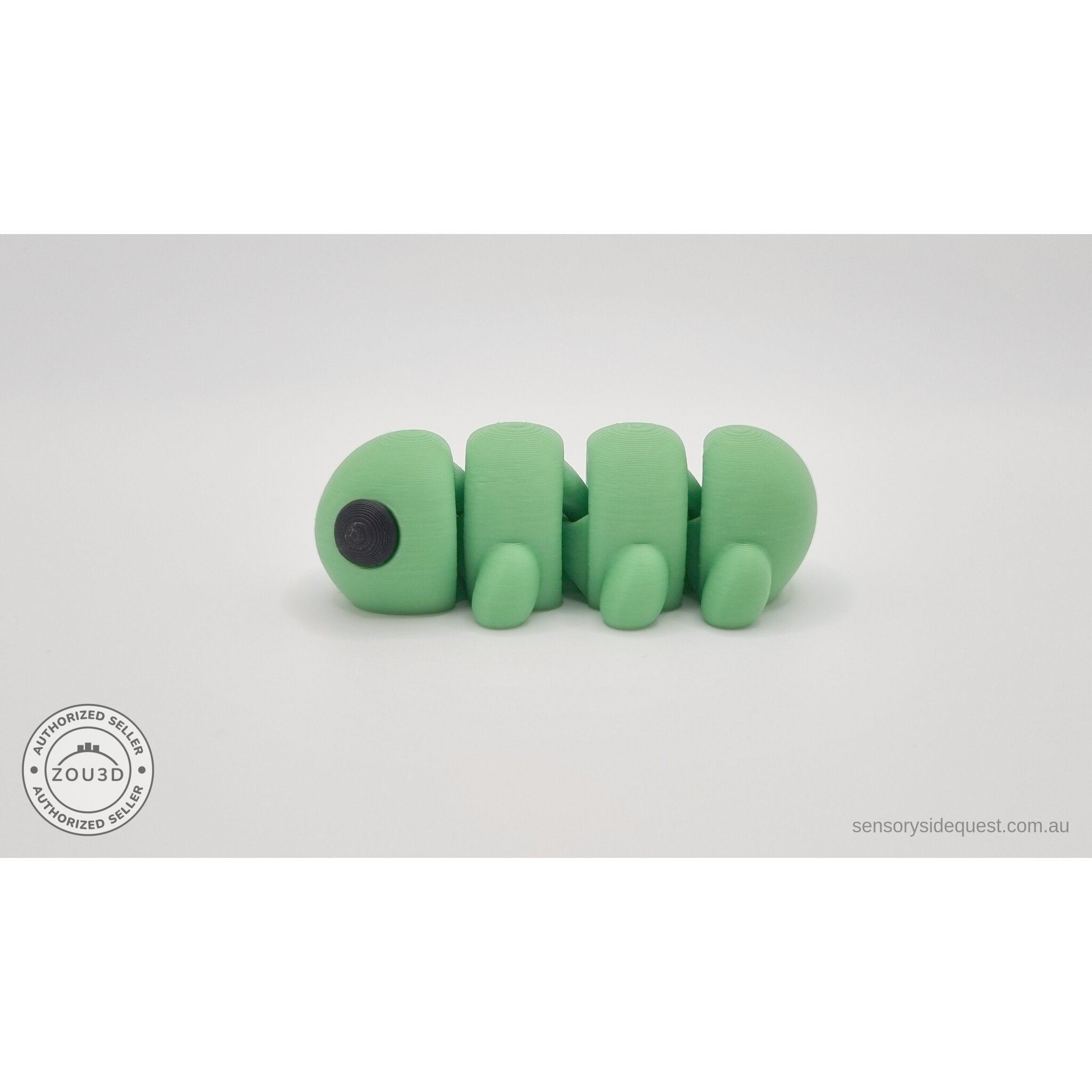 Green Baby Caterpillar 3D printed articulated fidget toy — rear 3/4 angle showing body length — Sensory Sidequest Australia