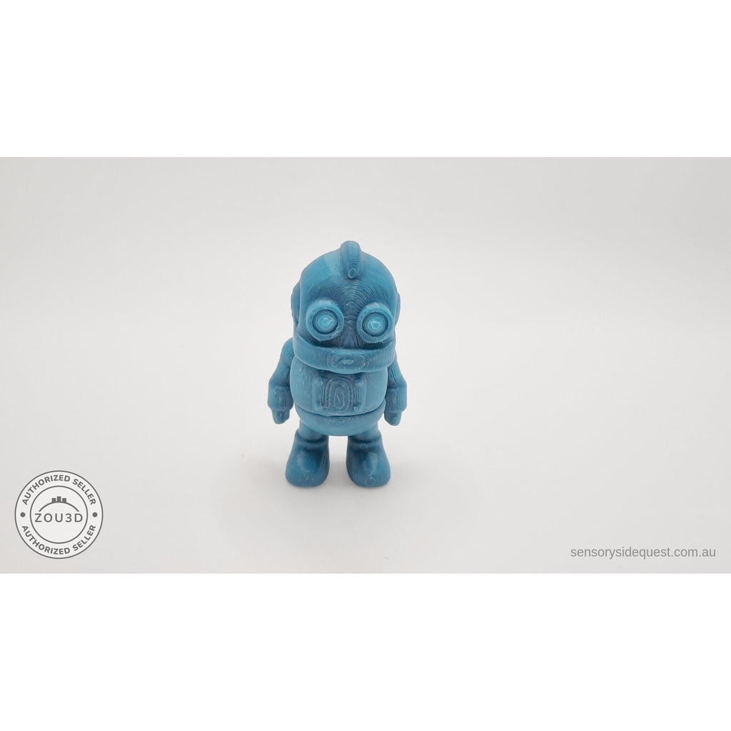 3D printed Tiny Robot articulated fidget toy in teal — front face-on view showing circular eyes and chunky proportions — Sensory Sidequest