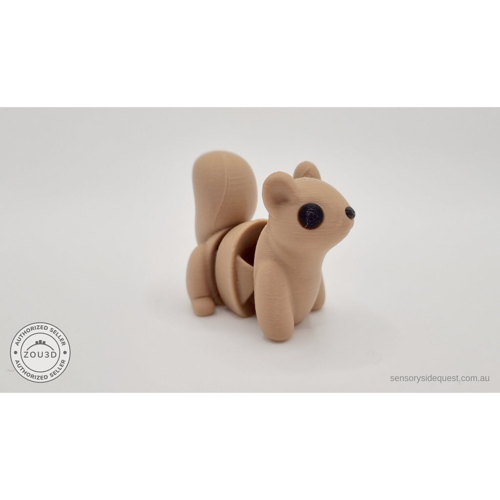 Baby Squirrel Zou3D 3D printed articulated fidget toy — 3/4 front-right low angle showing face detail, paws, and full body — Sensory Sidequest Australia