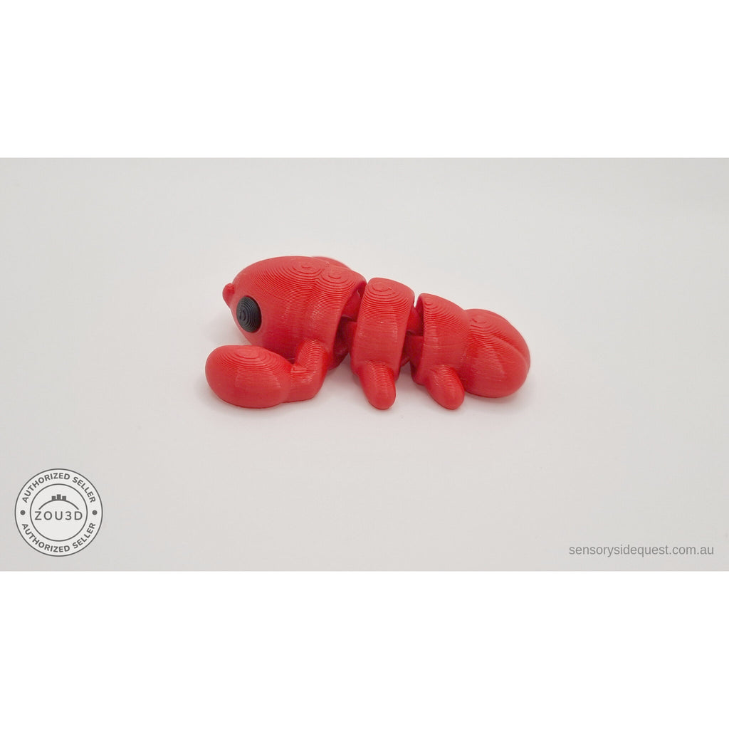 Baby Lobster articulated fidget toy in red silk — side profile view showing segmented body, claw, and tail — Sensory Sidequest