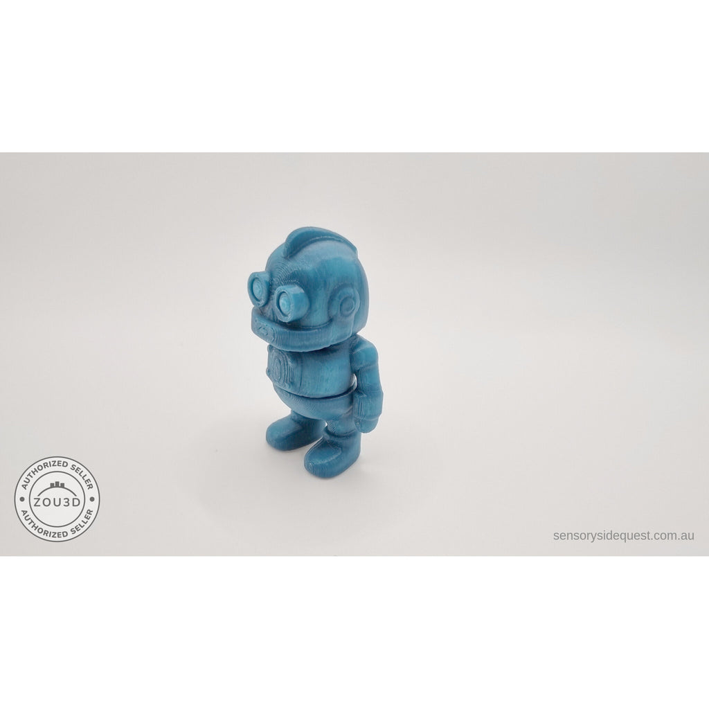 3D printed Tiny Robot articulated fidget toy in teal — 3/4 left view showing body depth and articulation joint — Sensory Sidequest