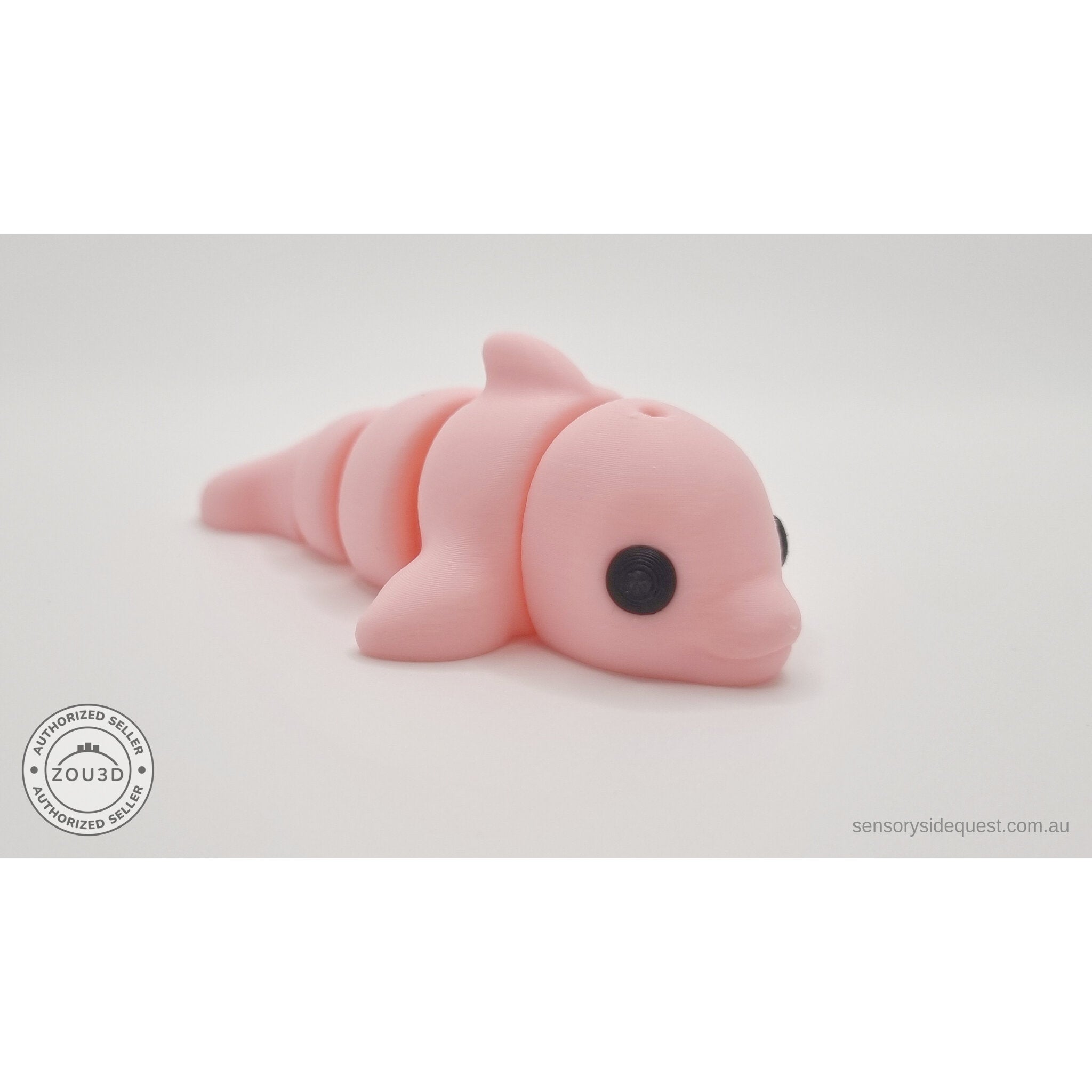 Pink Baby Dolphin 3D printed articulated fidget toy — straight front face view showing eyes and snout — Sensory Sidequest Australia