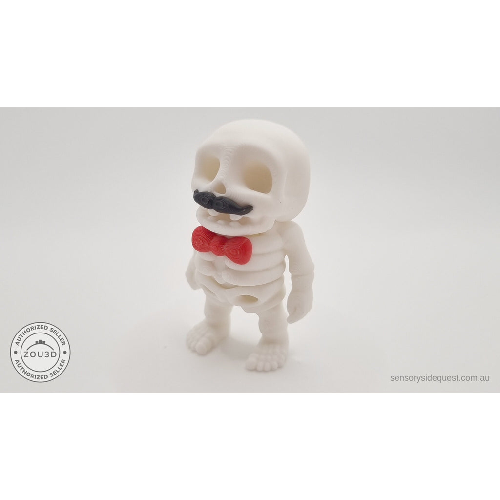 Mr.Skeleton Moustache variant 3/4 front view showing articulated skeleton body — 3D printed articulated fidget toy by Sensory Sidequest