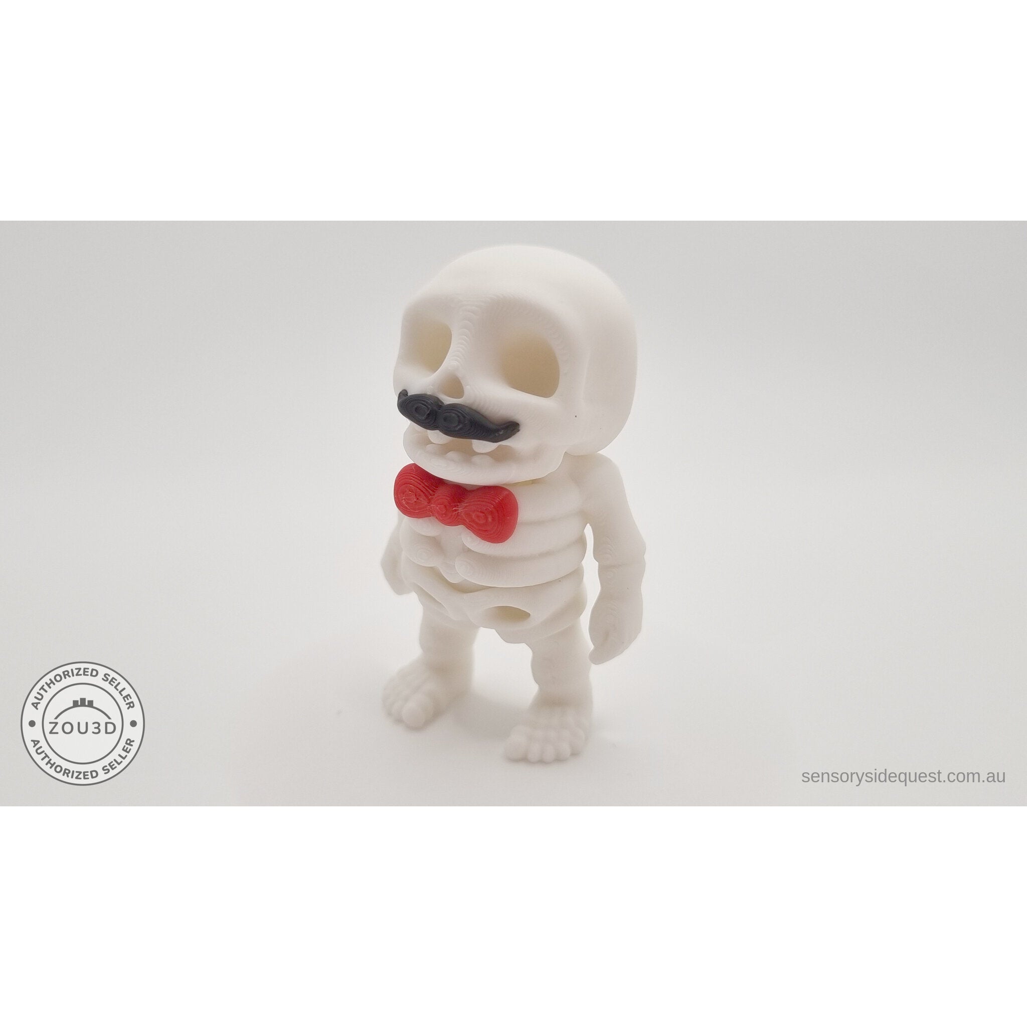 Mr.Skeleton Moustache variant 3/4 front view showing articulated skeleton body — 3D printed articulated fidget toy by Sensory Sidequest