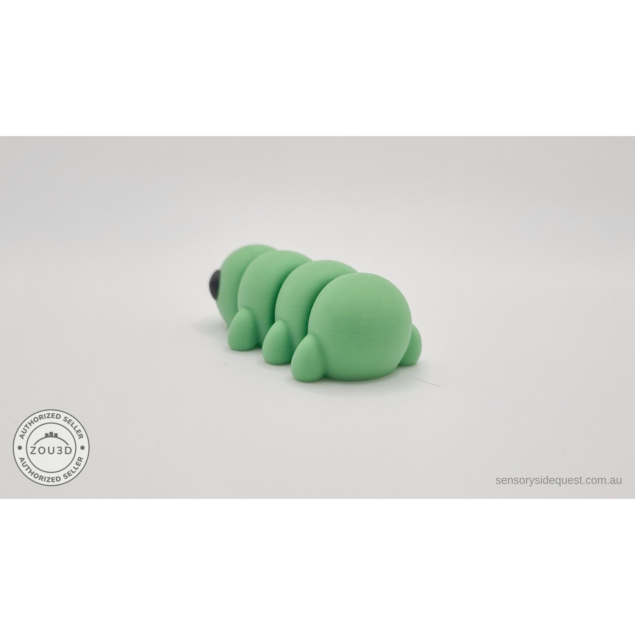 Green Baby Caterpillar 3D printed articulated fidget toy — opposite side profile — Sensory Sidequest Australia