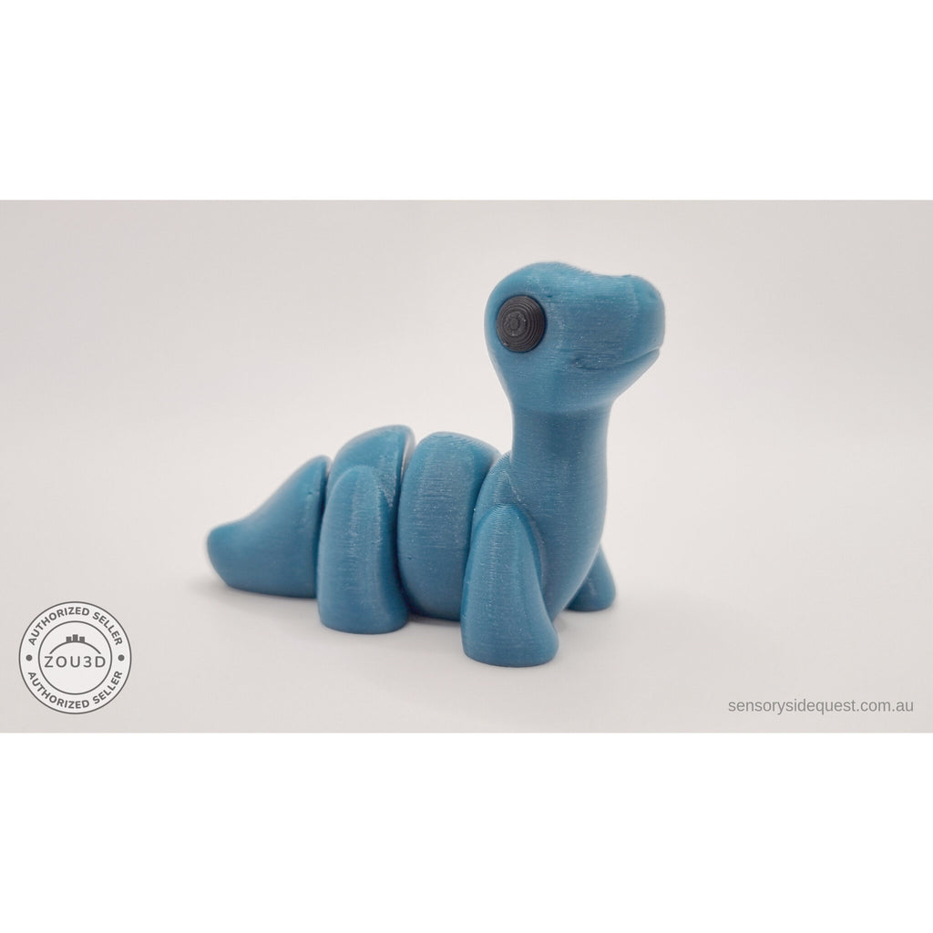 Blue Baby Brontosaurus 3D printed articulated fidget toy shown with Australian 50 cent coin for scale — overhead view — Sensory Sidequest Australia