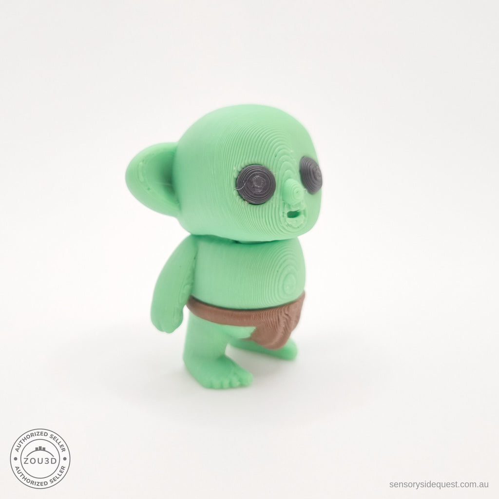 Green Tiny Goblin 3D printed toy — 3/4 right angle showing articulated body