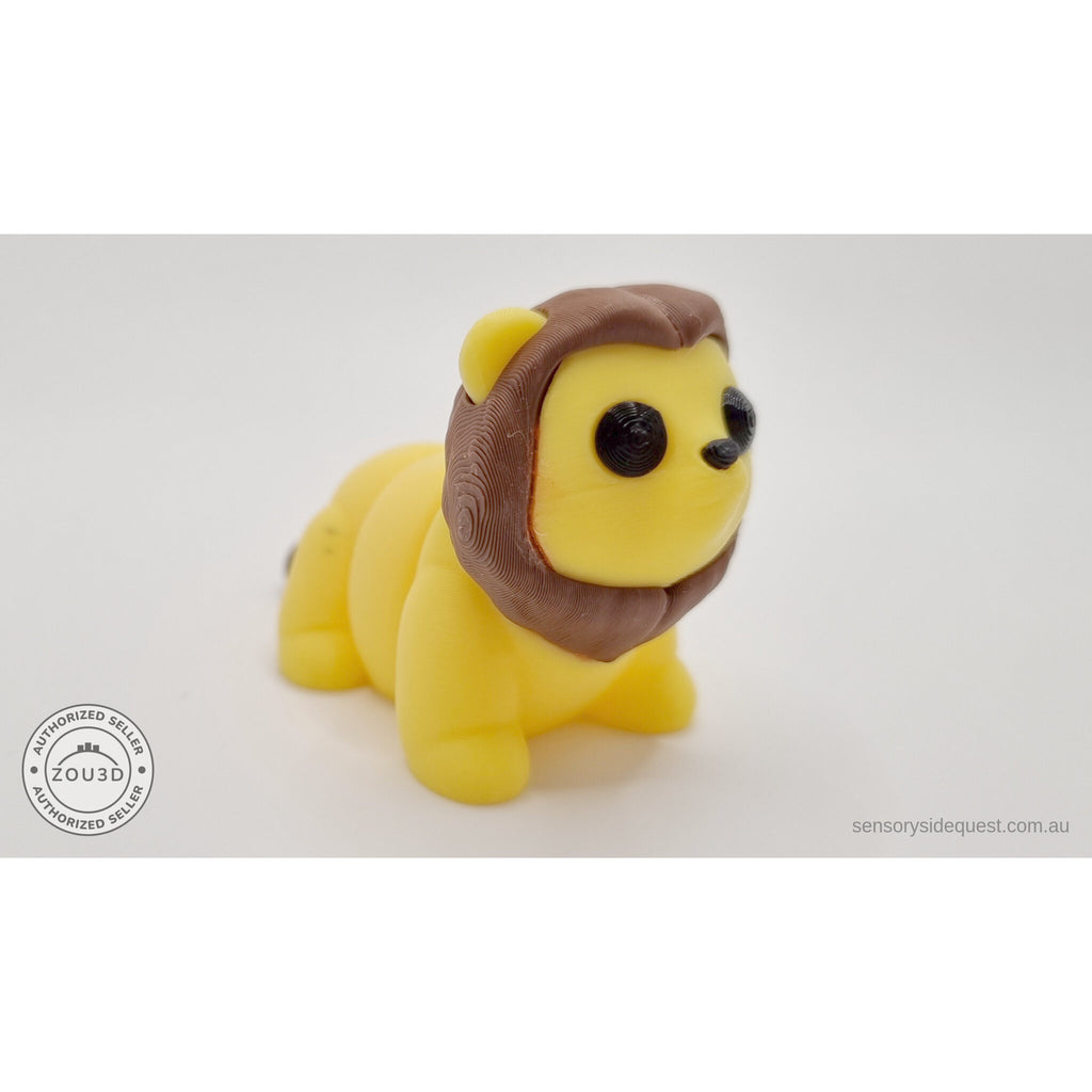 Yellow and brown Baby Lion 3D printed articulated fidget toy — rear straight view showing tail tuft — Sensory Sidequest Australia
