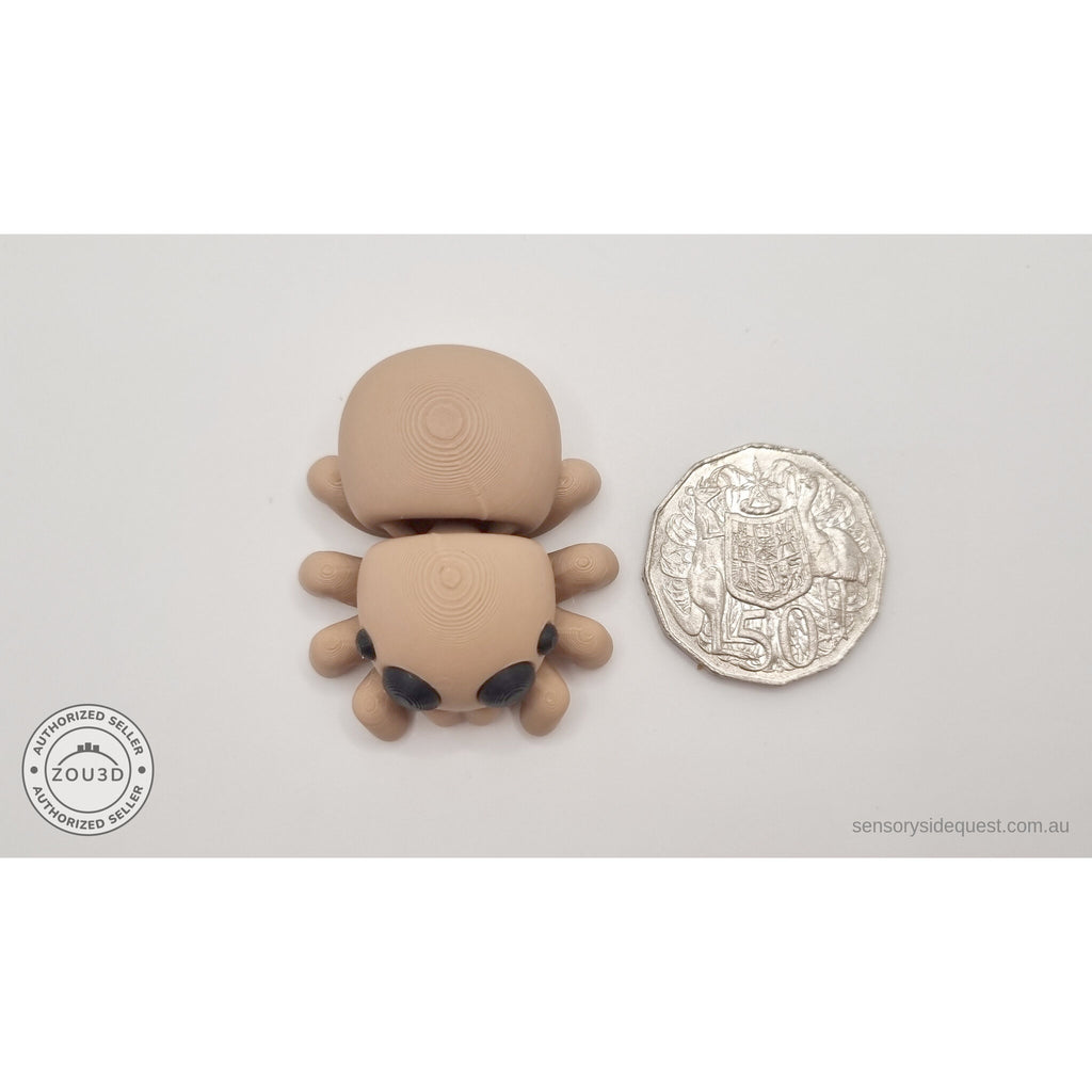 Baby Spider beside Australian 50 cent coin — overhead scale reference showing compact size