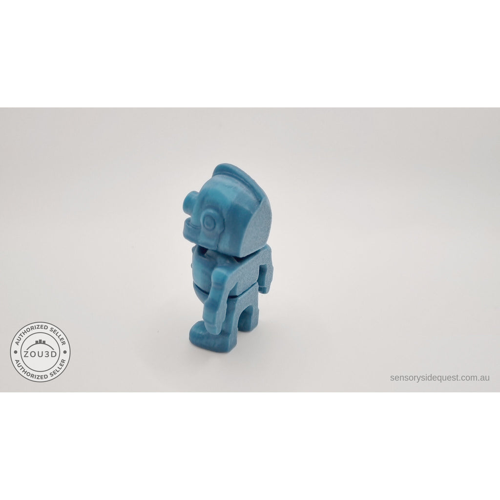 3D printed Tiny Robot articulated fidget toy in teal — rear-left view showing back panel and body segments — Sensory Sidequest