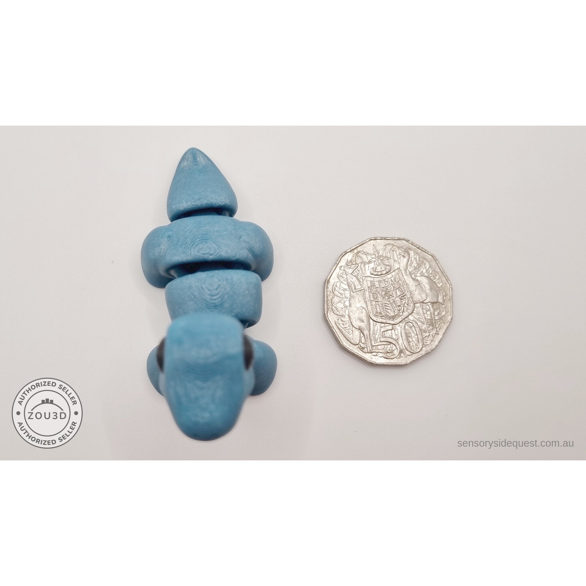 Blue Baby Brontosaurus 3D printed articulated fidget toy shown upright with Australian 50 cent coin for scale — Sensory Sidequest Australia