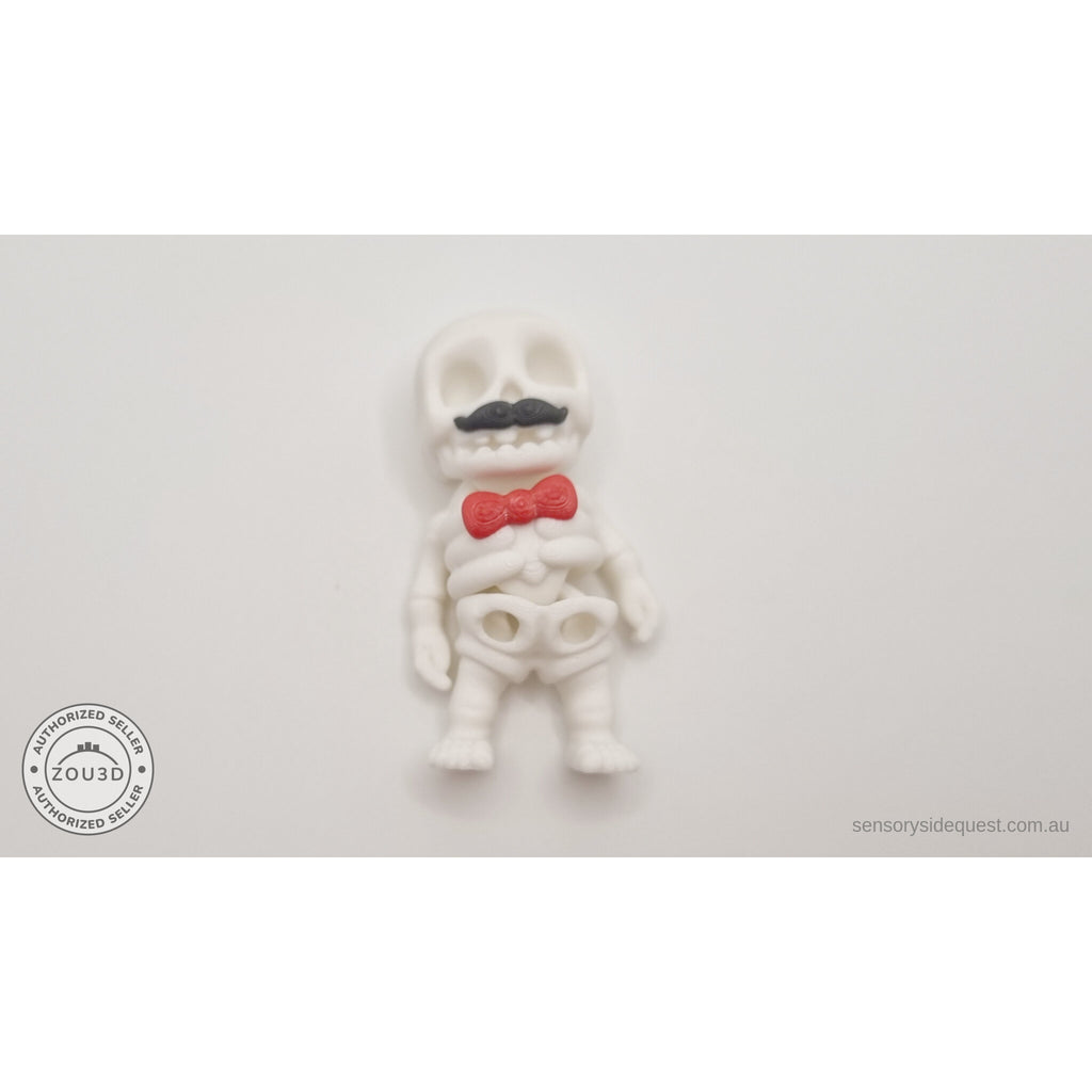 Mr.Skeleton Moustache variant flat lay showing fully articulated joints and poseable limbs — 3D printed articulated fidget toy by Sensory Sidequest