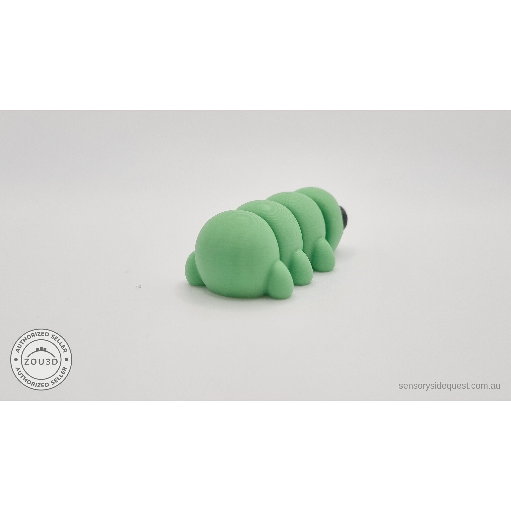 Green Baby Caterpillar 3D printed articulated fidget toy — rear end showing segment detail — Sensory Sidequest Australia